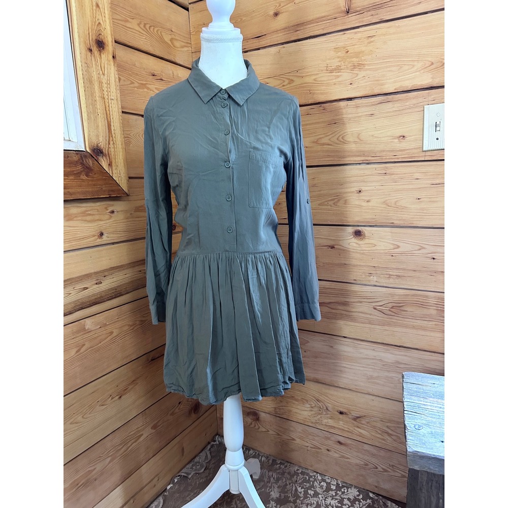 Decjuba‎ Olive Green Button Down Drop Waist Shirt Dress Viscose Size S